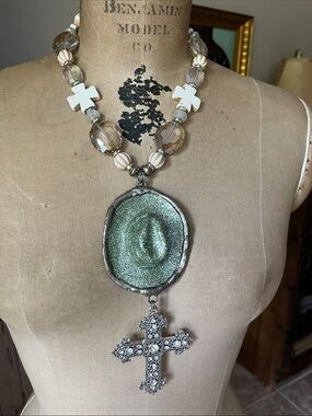 Katrina Bold Cowboy Hat Necklace with Cross Charm - mixed gems Women Jewelry